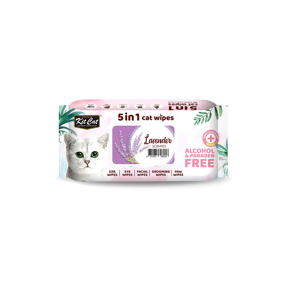 Kitcat 5 In 1 Cat Wipes Lavender - 80 Sheets
